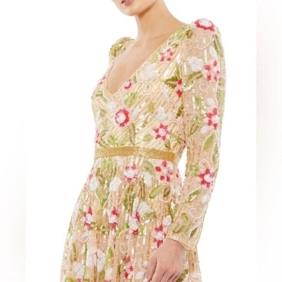 Mac Duggal 5415 Floral Tea Length Dress Sequin Beadwork Long Sleeve Size 8 NWT - Picture 2 of 13